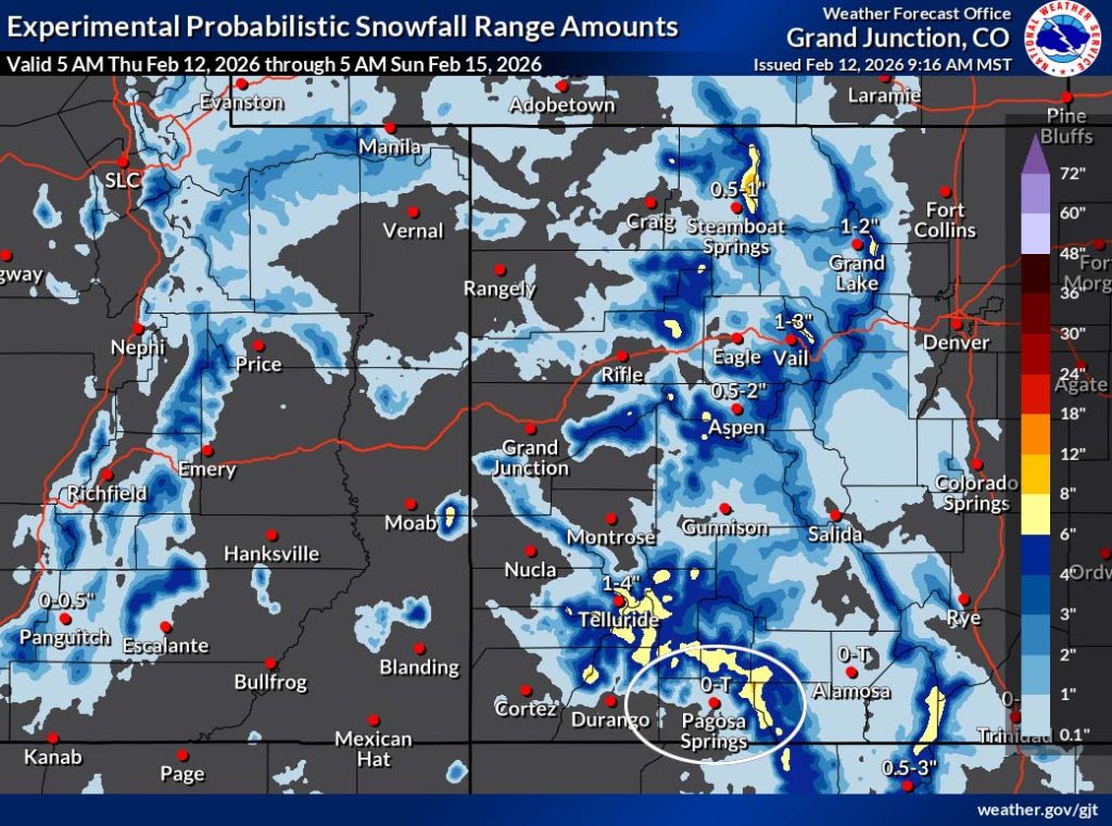 A little more mountain snow tomorrow and a good storm brewing next week… 3 The “official” NWS snow forecast shows a trace Pagosa, up to 1” for the higher parts of the valley, and 6-8” near Wolf Creek. I’d be surprised if Wolf Creek sneaks into that range.