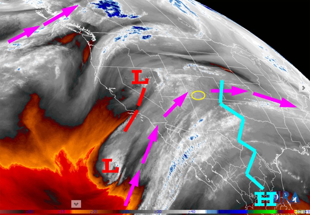 A little more mountain snow tomorrow and a good storm brewing next week… 1 Water vapor satellite Thursday afternoon – Purple arrows indicate upper-level flow. The ridge, jagged blue line, has finally moved to our east. That allows moisture to stream into our area from the southwest. The low over Nevada will be tomorrow’s storm. It will move to our south but we should get a little precip.