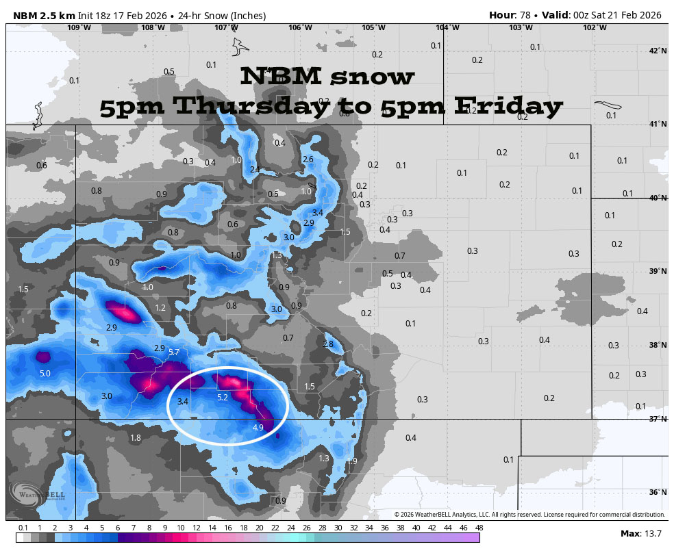 More snow and wind Wednesday - more snow Friday… 5 NBM snow 5pm Thursday to 5pm Friday shows 5.2” near Pagosa, and 6-10” near Wolf Creek. Right now this looks good to me.