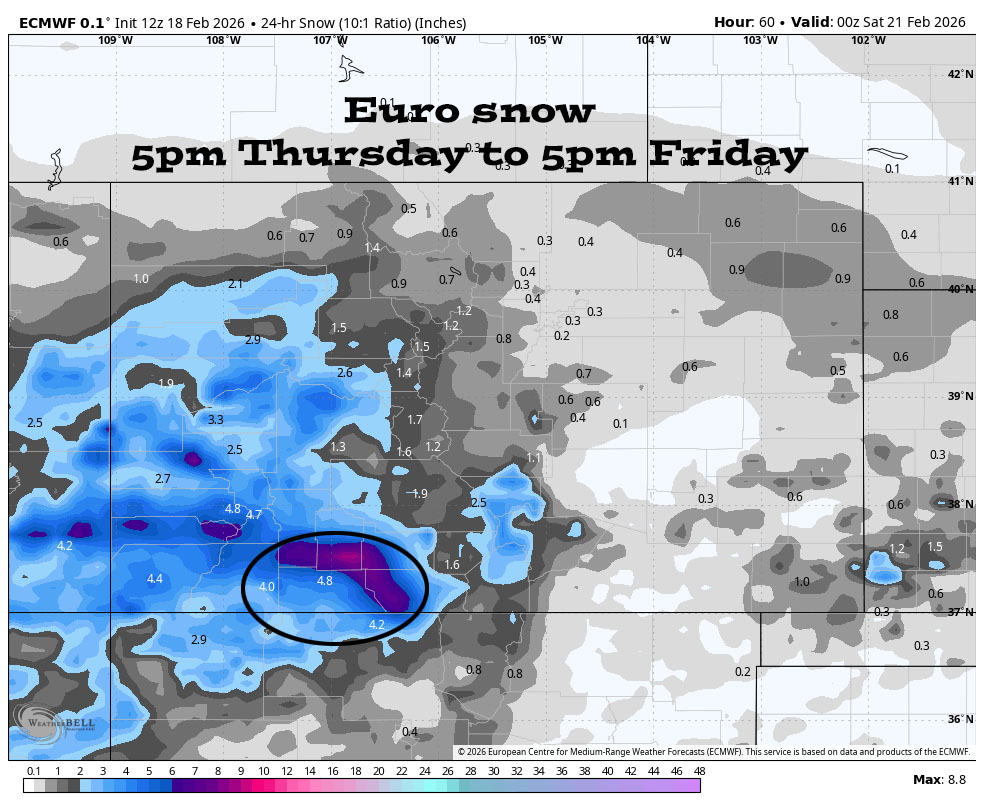 Pretty nasty this afternoon… 6 Euro snow from 5pm Thursday to 5pm Friday shows 4.8” near Pagosa, and 6-9” near Wolf Creek. This looks good for the Pagosa area. I think it’s a little low for Wolf Creek due to cold temps resulting in dry, powdery snow that accumulates well.