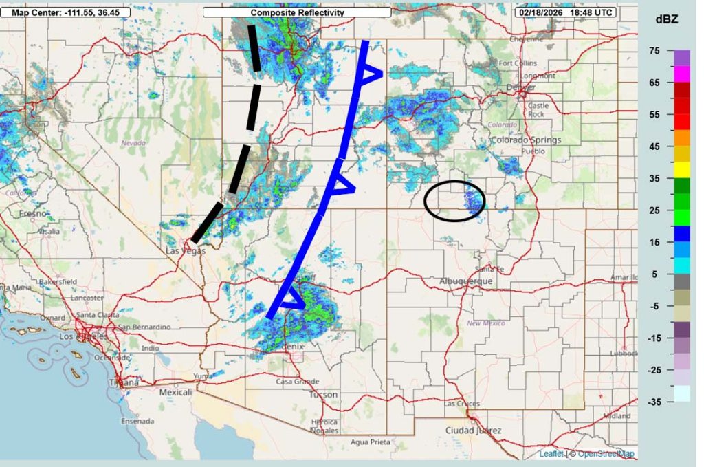 Pretty nasty this afternoon… 3 Radar at 11:48am Wednesday – The Four Corners radar donut hole is preventing us from seeing much in our area. The cold front will move west to east across the county around 5pm today. Snow will taper off pretty quickly behind it for the Pagosa area but persist into the evening over the mountains until the trough moves through.