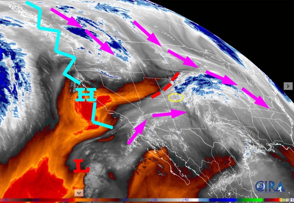 Water vapor satellite Monday afternoon – Purple arrows indicate upper-level flow. The weak ridge moving through northern CO is bringing us a few more clouds today, but there is no precip. The pesky ridge, jagged blue line, will keep us dry to 10 or 11 Feb.