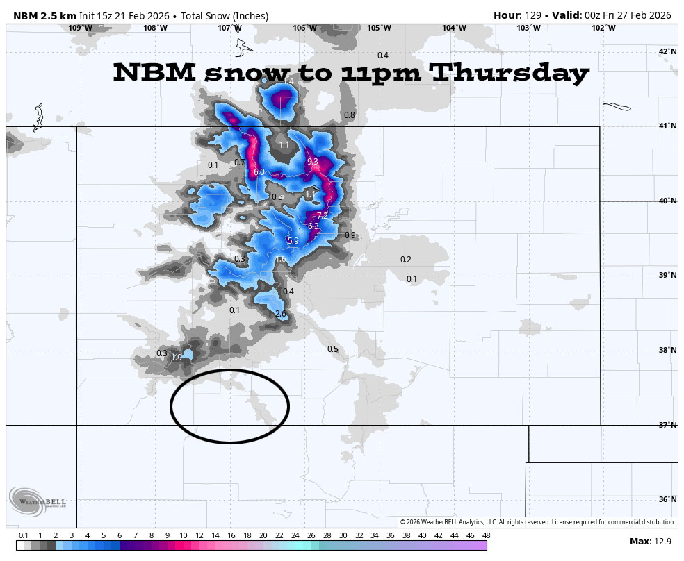 NBM snow to 11pm Friday shows up to a half inch of snow along The Divide in our mountains. The northern Colorado mountains will be favored.