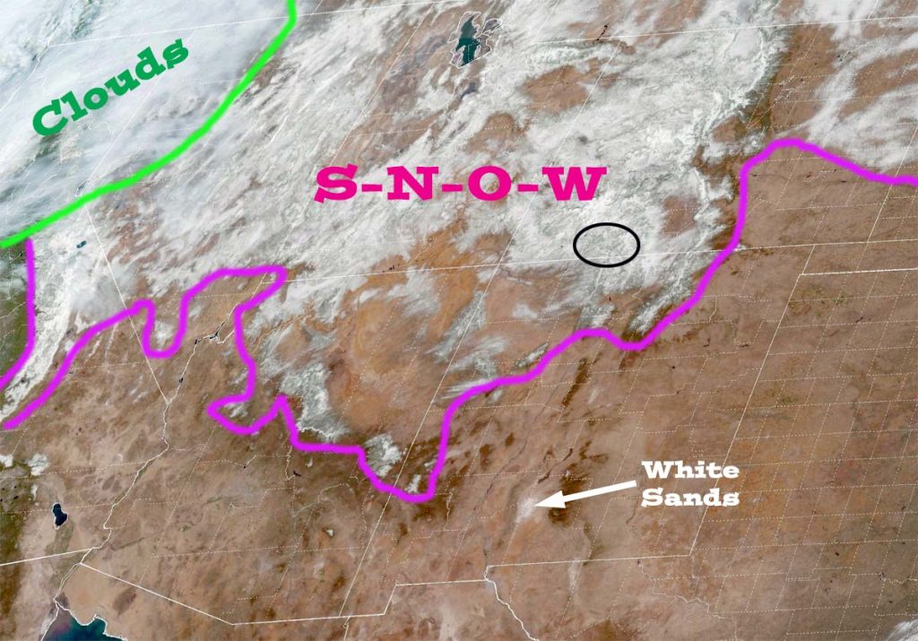 Visual satellite late Saturday morning – Skies are clear over nearly all of the Four Corners region. This storm cycle covered of region in snow!