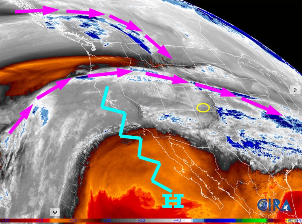 Dry and warm through the weekend – more active next week… 1 Water satellite Wednesday around noon – Purple arrows indicate upper-level flow. The ridge, jagged blue line, is preventing systems from impacting us. This is a good pattern for the northern Colorado mountains to get some snow.