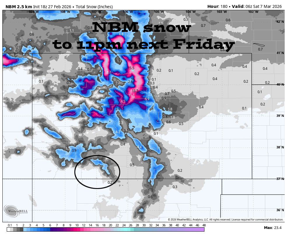 NBM snow to 11pm next Friday shows none for the Pagosa area and 2-4” near Wolf Creek.  The northern Colorado mountains will be favored.