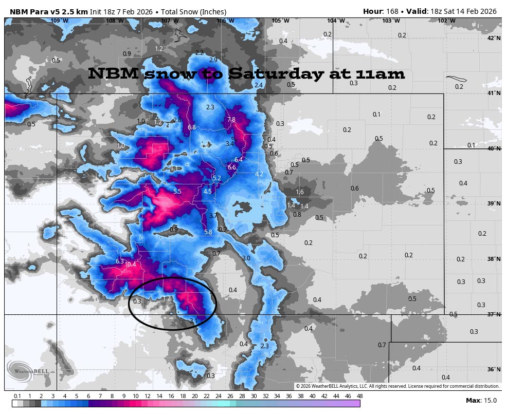Two weak storms this week and then a stronger one next week… 2 NBM snow to Saturday at 11am – It shows 1.2” near town, up to 4” for the higher parts of the valley, and 5-9” near Wolf Creek. Some forecast models have less, and a couple have a little more. Right now, this looks ok to me.