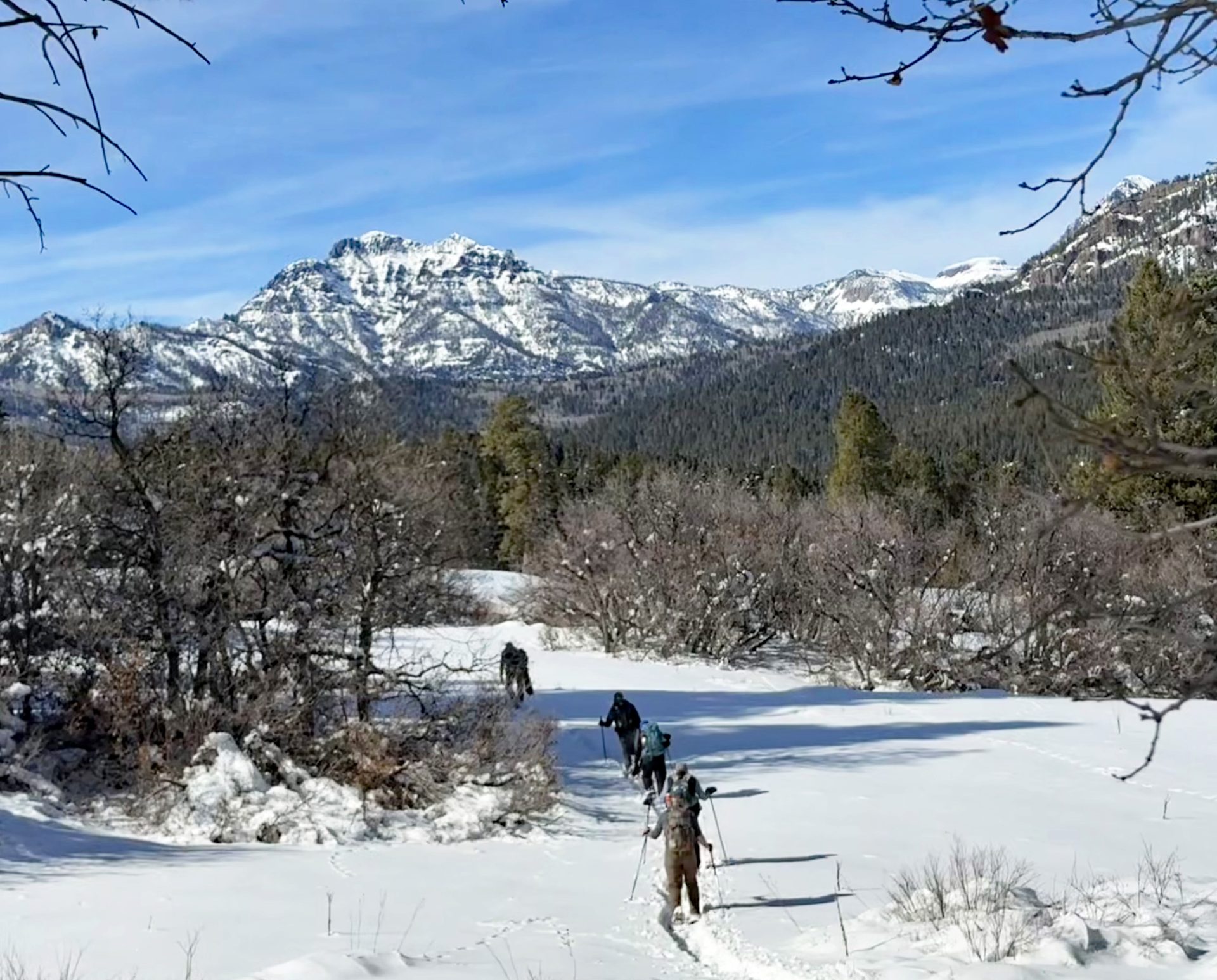 People snowshoeing up into mountains.