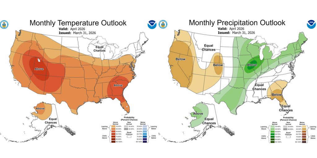 Pagosa Weather MARCH SUMMARY & April Outlook 11 The CPC temp outlook for Mar on the left shows a 40-50% chance for above average temps. The precip outlook on the right shows a 33-40% chance for below average precip.