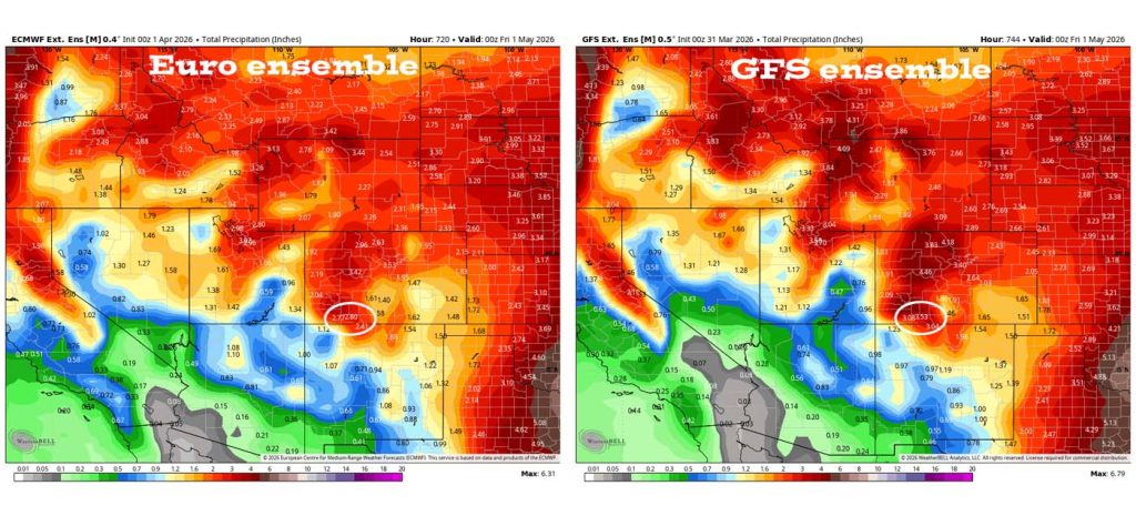 Pagosa Weather MARCH SUMMARY & April Outlook 12 Euro ensemble precip on the left expects 2.80″ for Apr and the GFS ensemble precip on the right expects 3.53″. Both models expect much more than the average of 1.38″.
Last month both models were way too high.