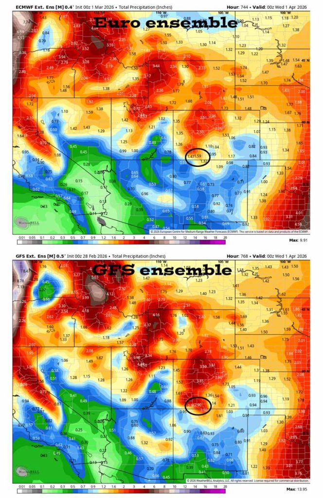 Euro ensemble precip on the top expects 1.59″ for Mar and the GFS ensemble precip on the bottom expects 2.90″. The Euro expects less than the average of 1.77″ while the GFS expects considerably more than the average.
Last month the Euro was 0.21" high and the GFS was 1.34" too high.
