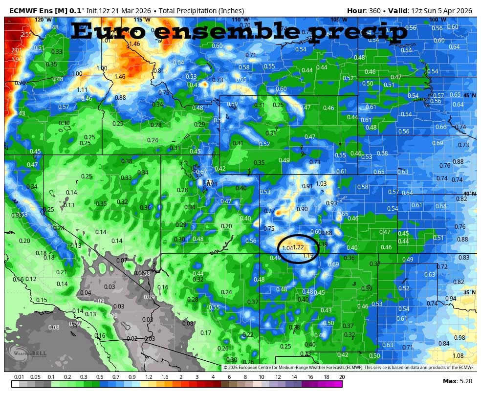 Near record high temps through Friday … 3 Euro ensemble precip to 5 Apr shows 1.22” in the Pagosa area. Precip amounts are trending up. That’s encouraging!