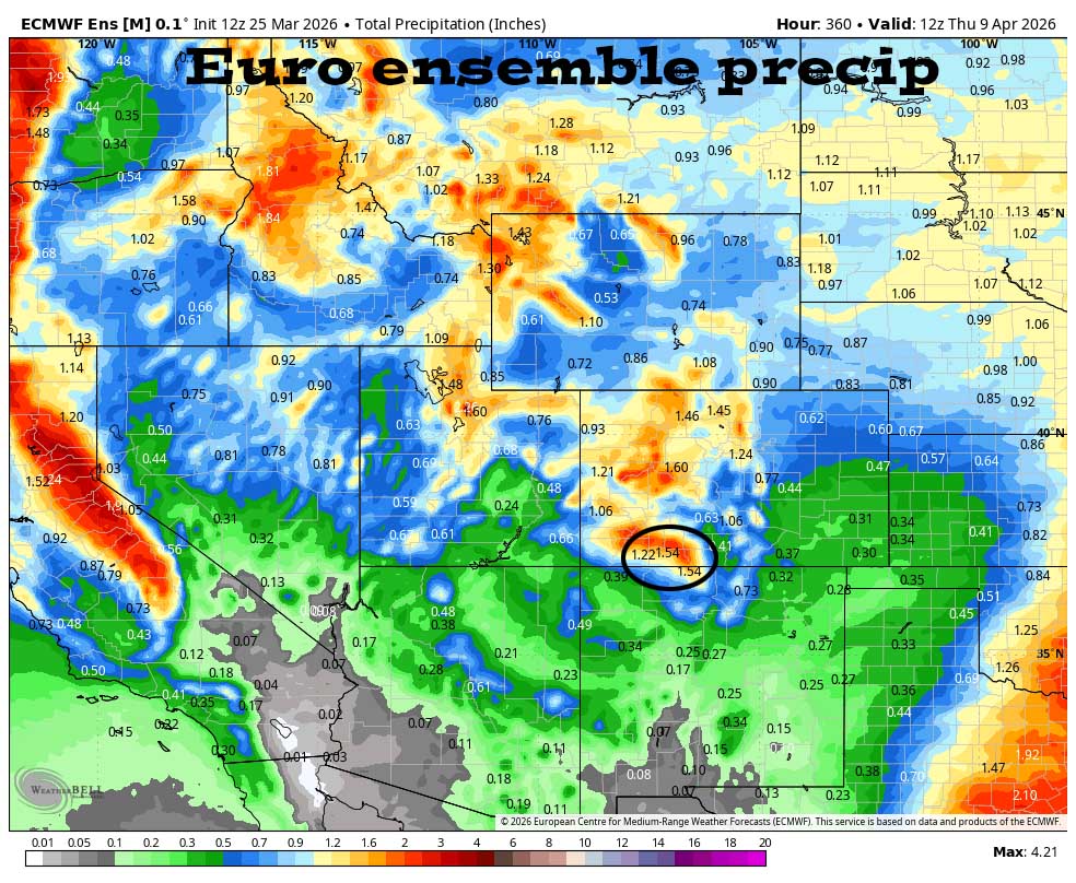 Chances look good for precip next week … 4 Euro ensemble precip to 9 Apr shows 1.54” in the Pagosa area. Precip amounts are trending up.