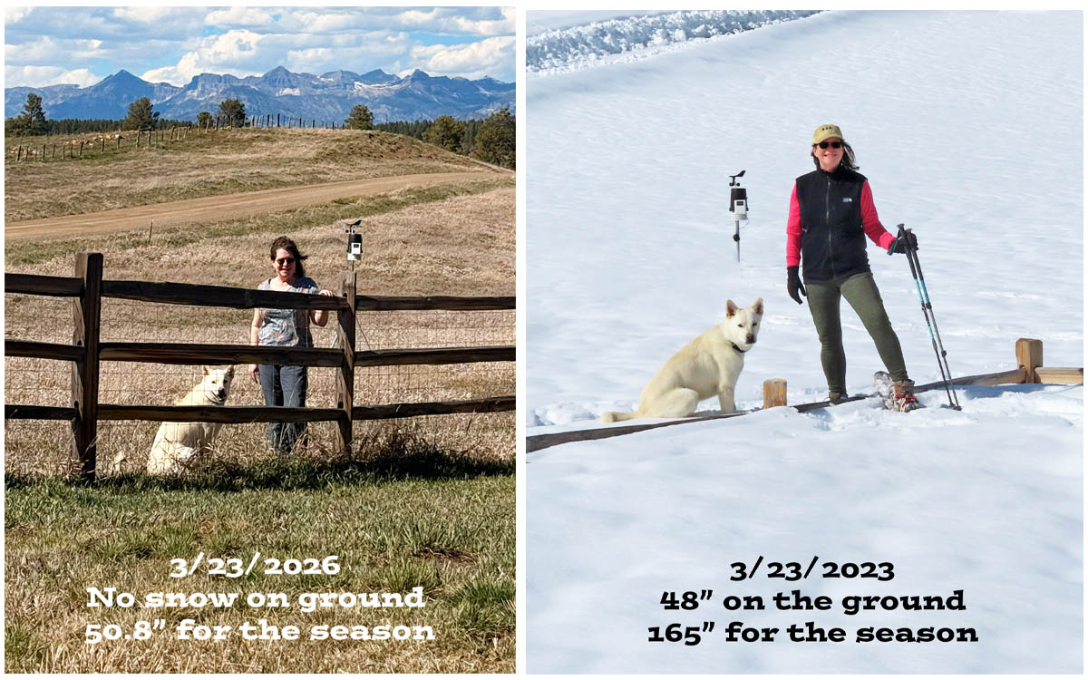 Yep, it’s been a sad winter. But just 3 years ago we got 150% of our average snow! It WILL happen again!  – picture on the left was taken this week and picture on the right was taken in the same spot 3 years ago (2023).