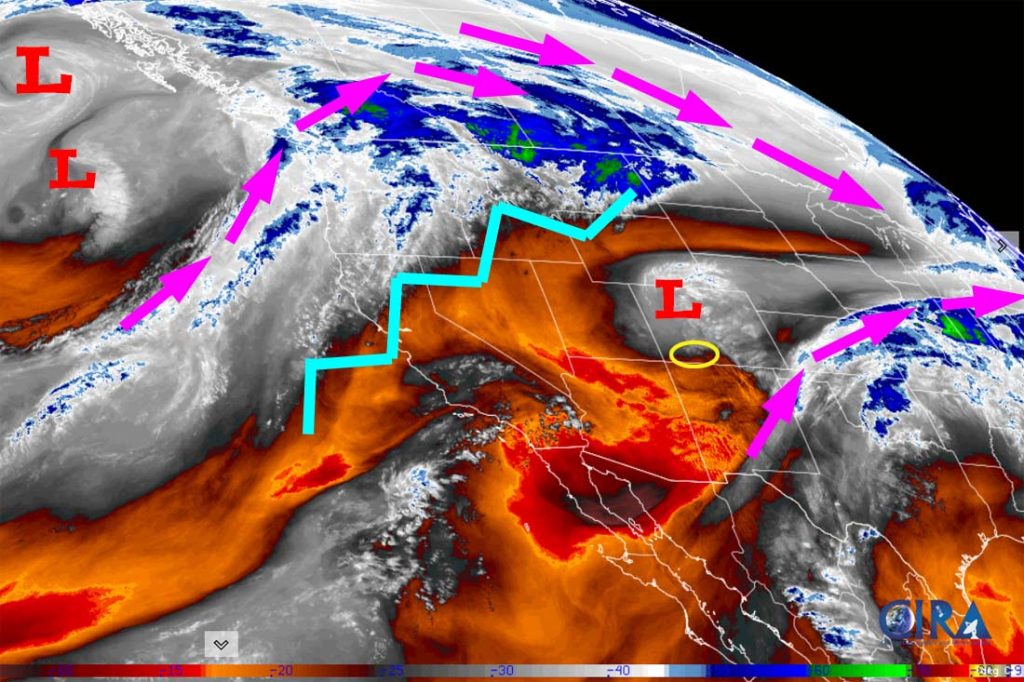 Weak chance for precip Friday and next Tuesday… 1 Water satellite late Tuesday afternoon – Purple arrows indicate upper-level flow. A compact low is moving through northern Colorado. The ridge, jagged blue line, will slowly weaken and move east.