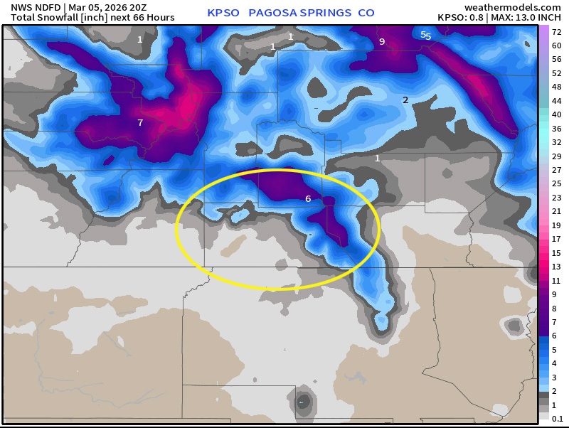 The NWS snow forecast model zoomed into our area shows around 1” in Pagosa, up to 2” over the high parts of the valley, and 6” for Wolf Creek Pass.
