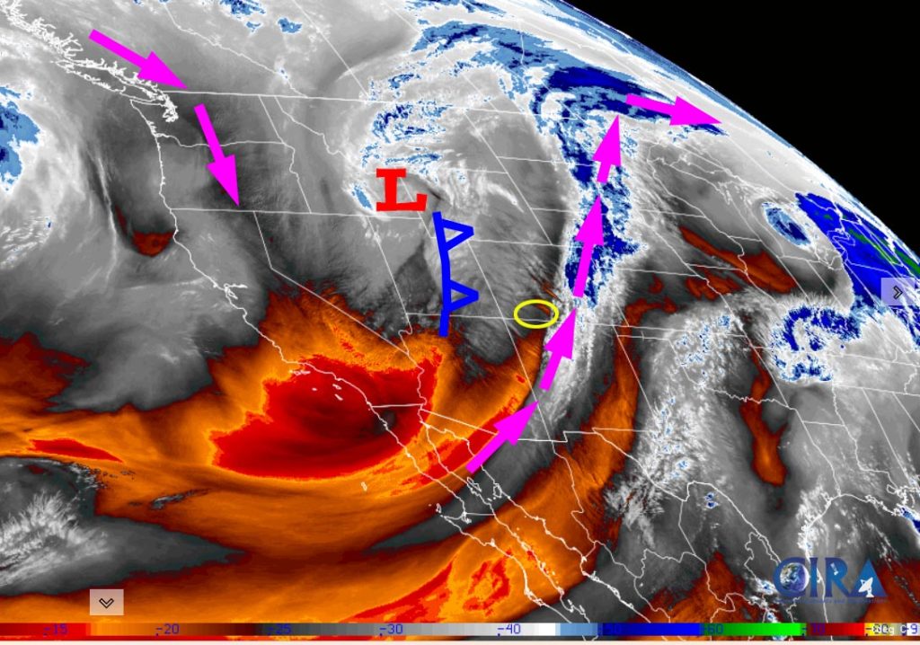 Water vapor satellite Thursday afternoon – Purple arrows indicate upper-level flow. The cold front over central UT will move through Archuleta County around midnight tonight.