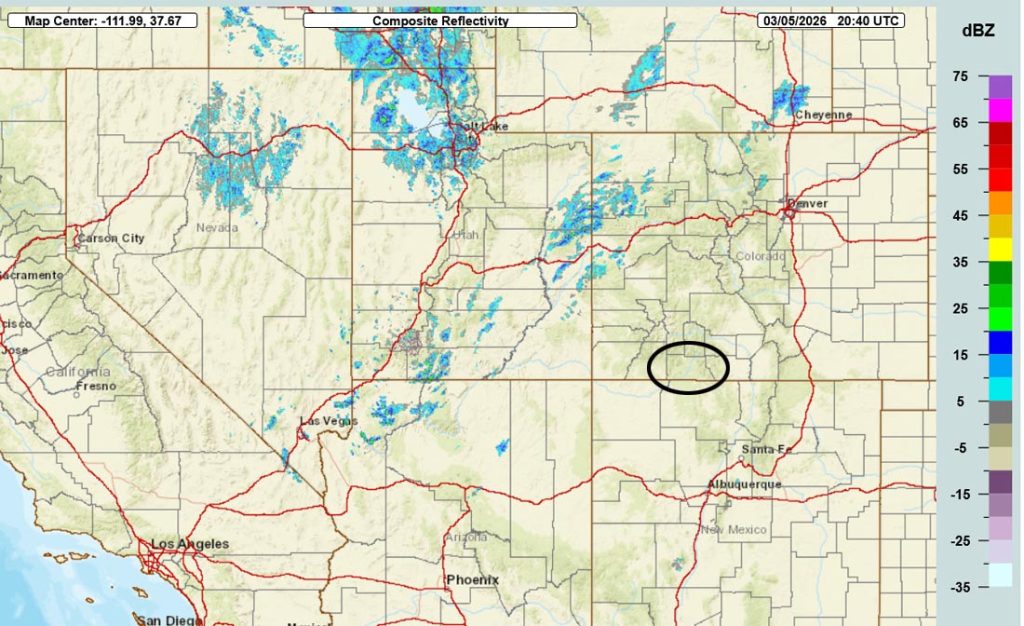 Radar at 1:40pm Thursday – There are scattered showers along the cold front in UT.