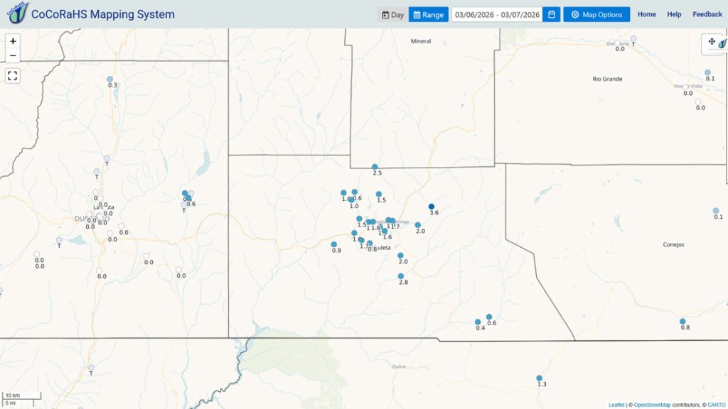 CoCoRaHS snow totals in the Pagosa area ranged from 0.4” to 3.6”.