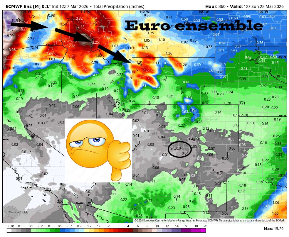 Euro ensemble precip to 22 Mar shows 0.04” in the Pagosa area. The storm track will be to our north and we’ll be dry most of this period.