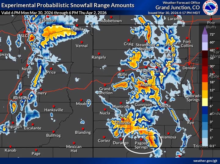 Map of Colorado with areas of snow depth expected