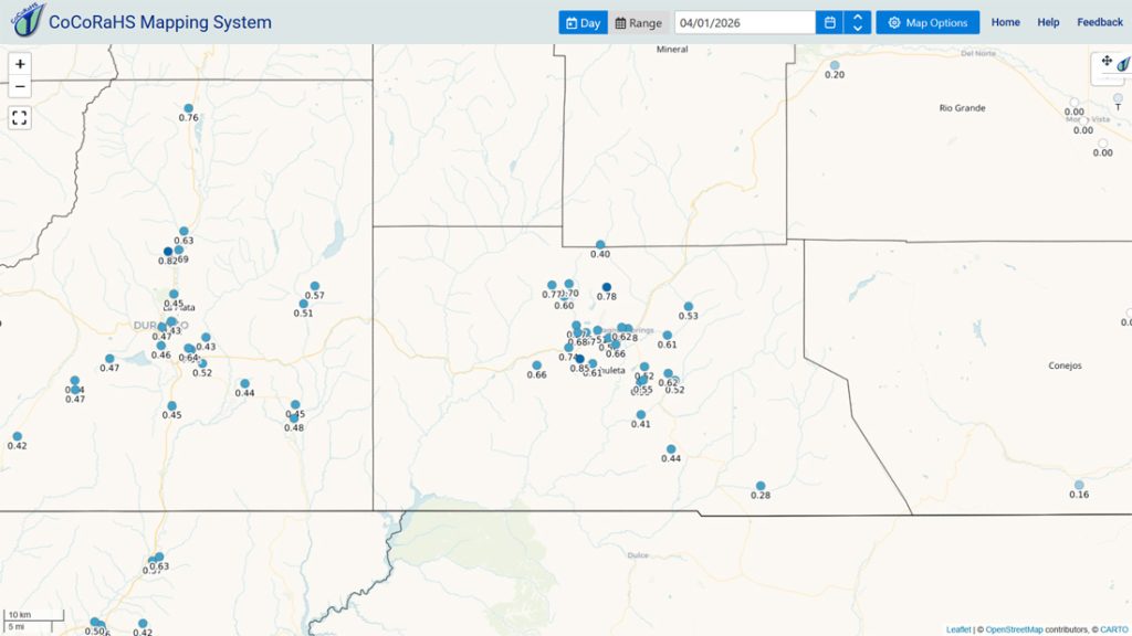 CoCoRaHS precip reports this morning ranged from 0.28” to 0.85”. Note that La Plata County and down towards Aztec and Farmington also got a decent soaking.