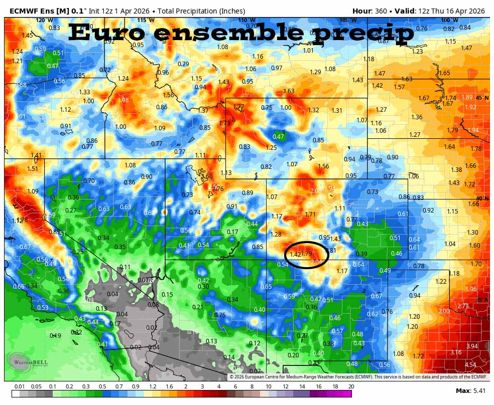 Euro ensemble precip to 16 Apr shows 1.79” in the Pagosa area. After a lengthy period of record high temps and worsening drought conditions across much of the western US, this is great to see!