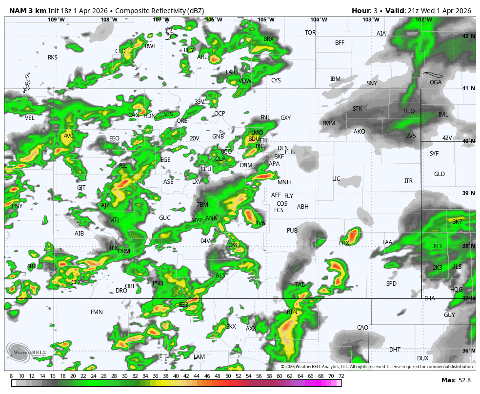 NAM forecast radar 3pm Wednesday to 2am Thursday shows hit and miss showers and thunderstorms until around 7pm and then showers end in the Pagosa area but persist a few hours longer over the mountains.