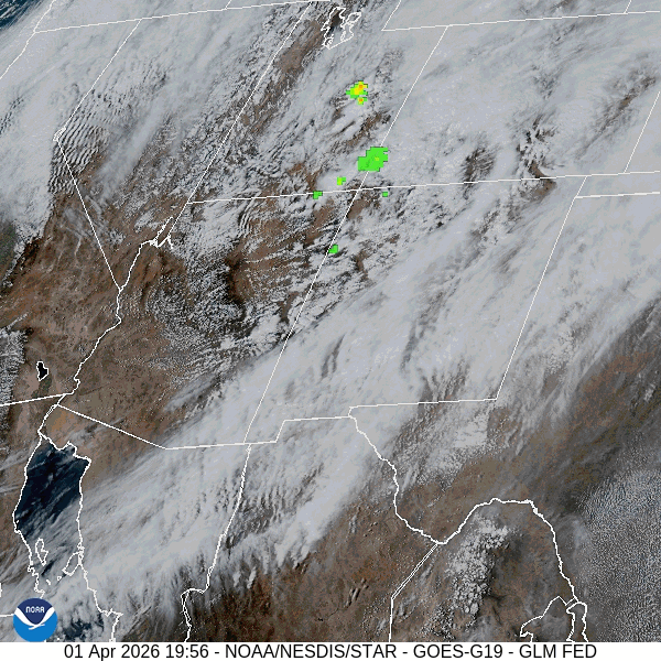 Visual satellite and lightning loop 2pm to 2:50pm Wednesday – The main batch of moisture has moved to our east and now we’re in the unstable part of the storm. The trough is along the UT/CO border and will move through our area 6-7pm this evening. We could see an isolated thunderstorm or two ahead of the trough.