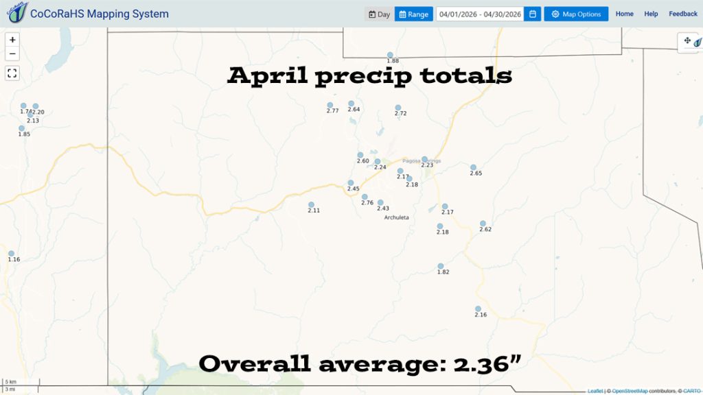 CoCoRaHS precip totals ranged from 1.82″ to 2.77″. All locations were above the average of 1.38″.