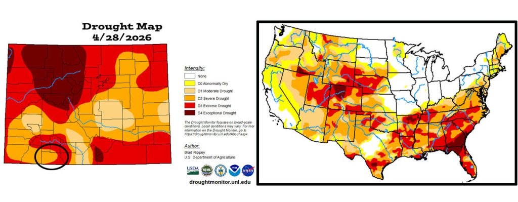 Drought conditions improved a little for western Archuleta County but got a little worse for much of Colorado. The US drought map on the right shows that much of the US is experiencing drought conditions.