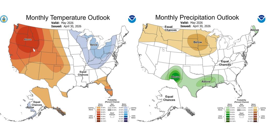 The CPC temp outlook for May on the left shows a 40-50% chance for above average temps. 
The precip outlook on the right shows equal chances for average precip.