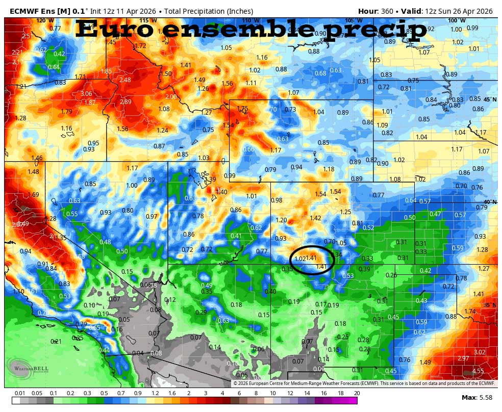 A little bit of snow Monday night and Tuesday… 6 Euro ensemble precip to 26 Apr shows 1.41” in the Pagosa area. Precip amounts are trending down.