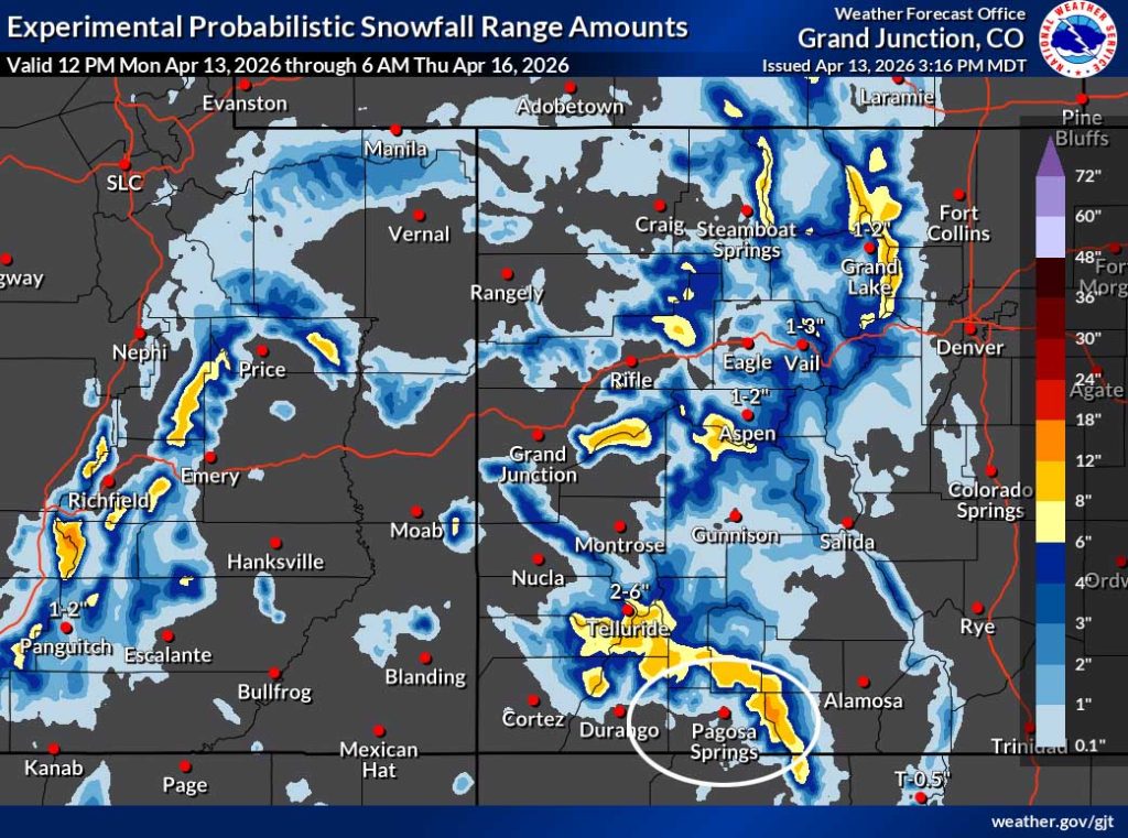 NWS snow forecast shows up to 1” above 8,000ft in the Pagosa area and 8-12” near Wolf Creek Pass.