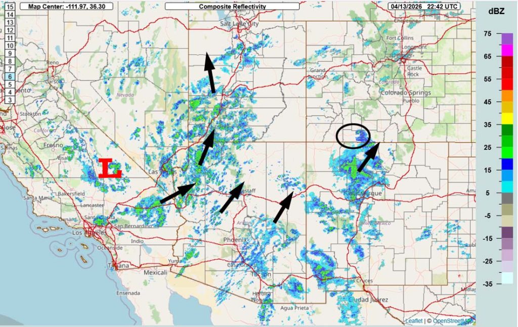 Radar at 4:42pm Monday – The first band of showers is moving into our area from the southwest.