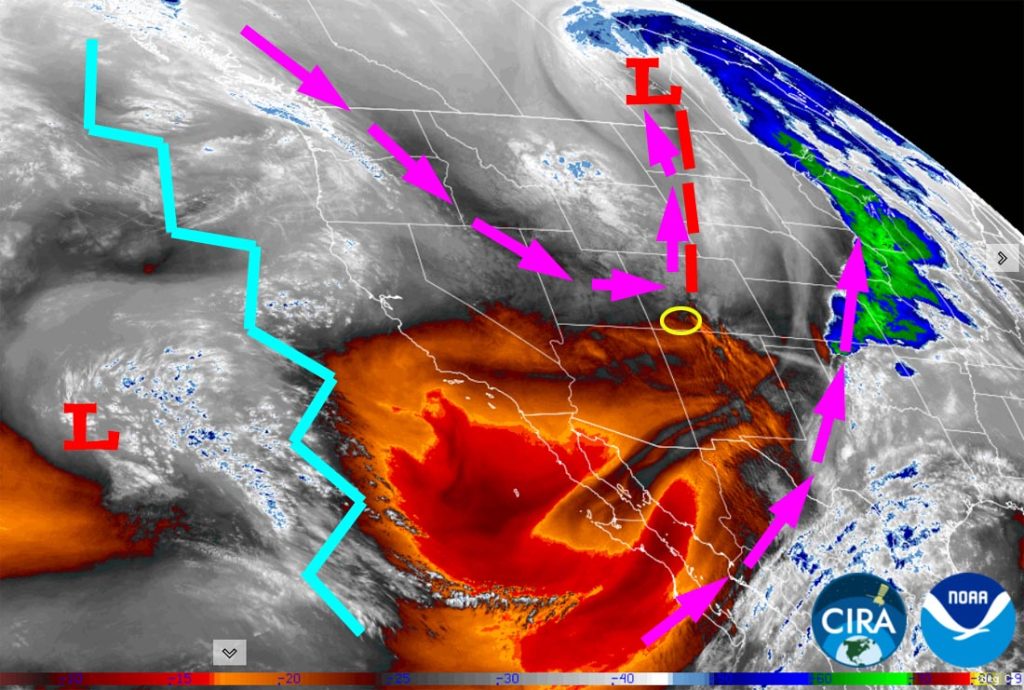 Water vapor satellite Friday afternoon – Purple arrows indicate upper-level flow. We have cleared out behind the frontal system (red dashed lines). The ridge off the west coast, jagged blue line, will keep us dry through the weekend. The ridge will move to our east Monday and then we’ll see a little moisture and instability.