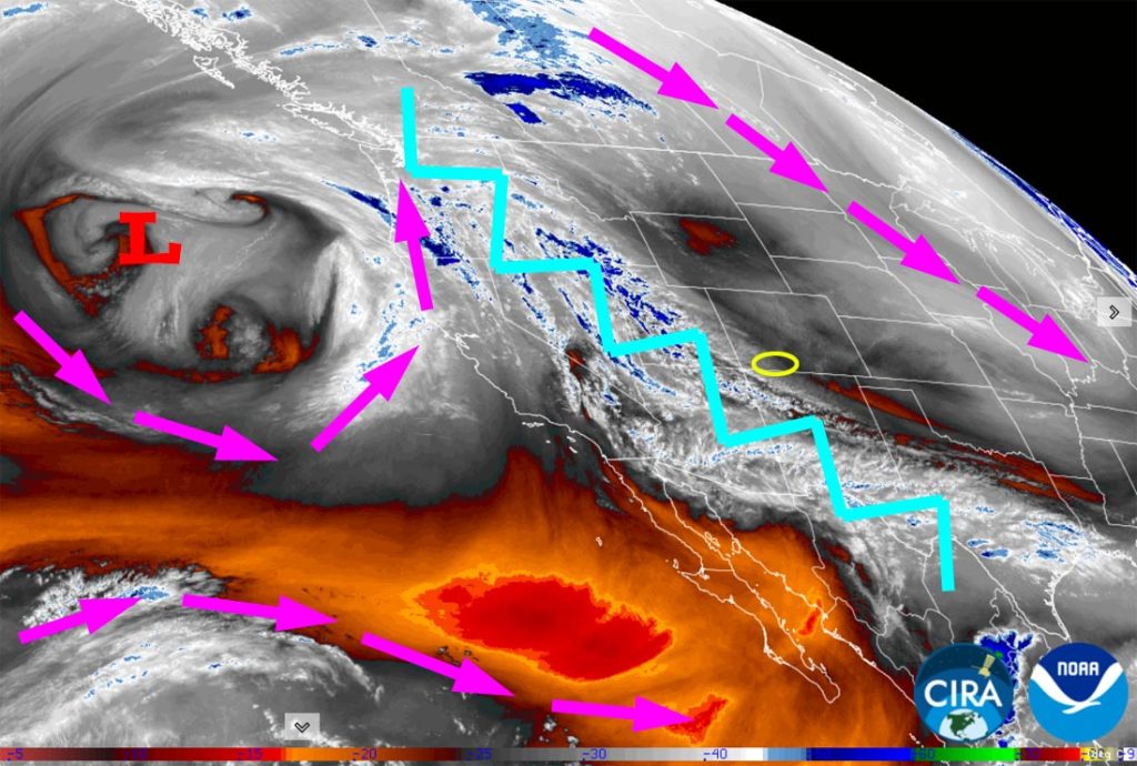 Water vapor satellite Sunday afternoon – Purple arrows indicate upper-level flow. The ridge, jagged blue line, will move to our east on Monday and then a little moisture and instability will be over the region the rest of the week. There is no precip associated with the clouds over AZ and NM.