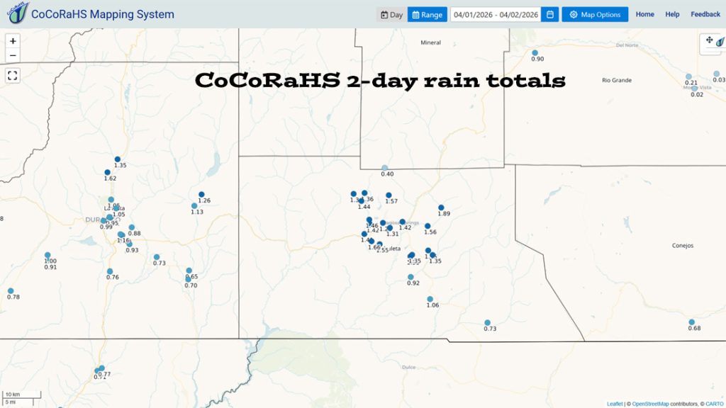 Mostly dry through the weekend – Scattered showers Monday and Tuesday… 1 CoCoRaHS 2-day precip reports ranged from 0.40” to 1.89”. Note that La Plata County and down towards Aztec and Farmington also got a decent soaking.