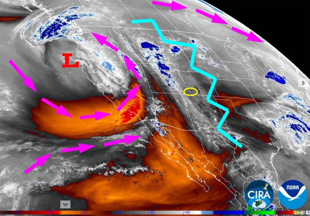 Breezy each afternoon – scattered showers Saturday night into Sunday evening… 1 Water vapor satellite Tuesday afternoon – Purple arrows indicate upper-level flow. The ridge, jagged blue line, slipped to our east. A little bit of moisture and instability are moving into our area from the south. Winds will increase Wednesday afternoon as the remnants of the system currently off the coast slides well to our north.