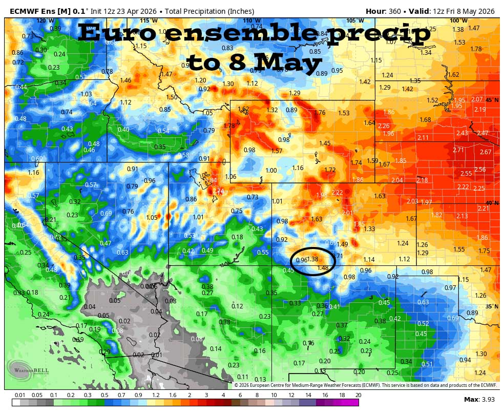 Breezy afternoons – Valley rain and mountain snow Saturday night into Sunday evening… 4 Euro ensemble precip to 8 May shows 1.38” in the Pagosa area. Precip amounts have trended up for the Saturday night/Sunday storm.