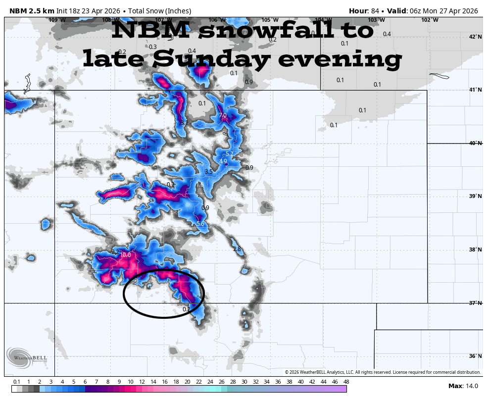 Breezy afternoons – Valley rain and mountain snow Saturday night into Sunday evening… 3 NBM snowfall to late Sunday evening shows a few snowflakes above 8,500ft in the Pagos area and 6-10” near Wolf Creek Pass.