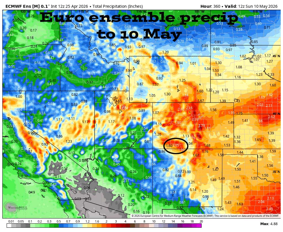 Euro ensemble precip to 10 May shows 2.05” in the Pagosa area. Precip amounts have trended up.