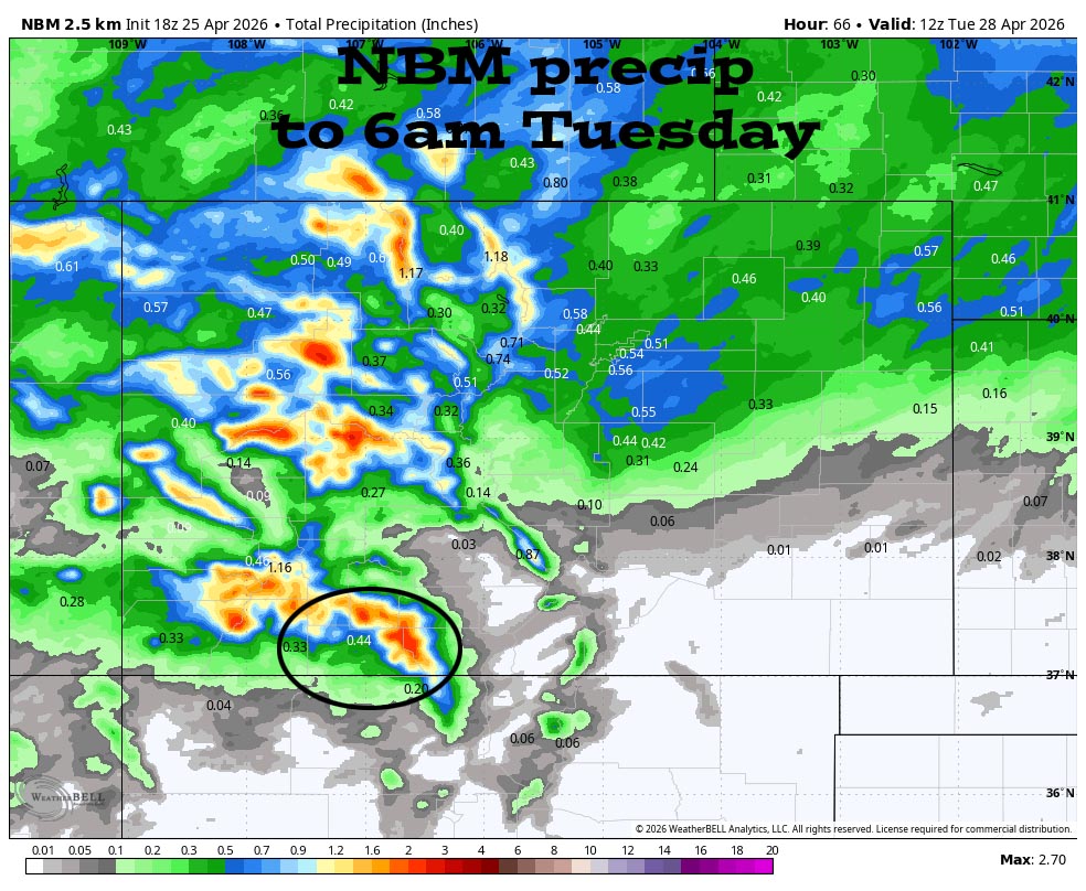 NBM precip to 6am Tuesday shows 0.44” near Pagosa and up 1.50” in the Wolf Creek Pass area.