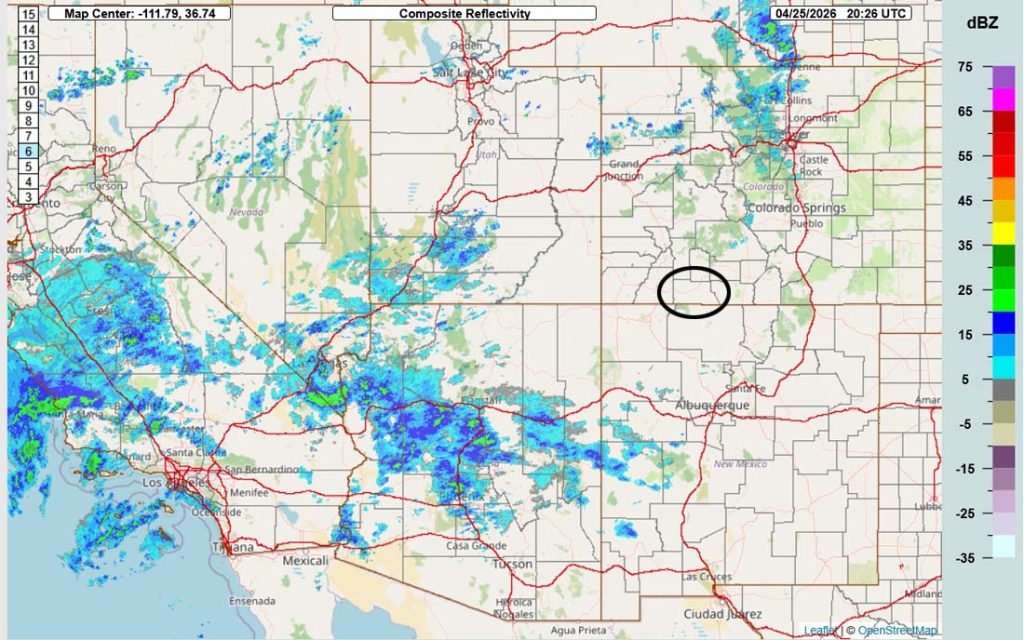 Radar Saturday afternoon – Showers are increasing over southern CA, southern NV, and AZ ahead of a low pressure system that is currently off the coast and moving towards the east.