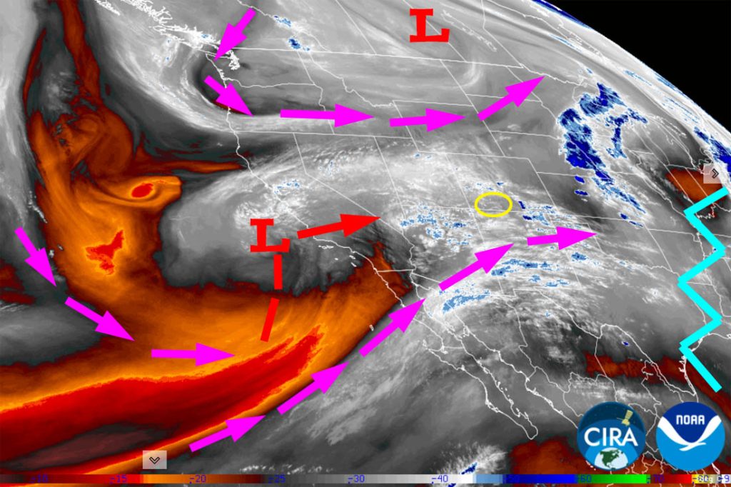 Water vapor satellite Thursday afternoon – Purple arrows indicate upper-level flow. The ridge, jagged blue line, has finally moved well to our east – yay! This means a more active pattern for us. The low currently off the CA coast will move through our area tomorrow.