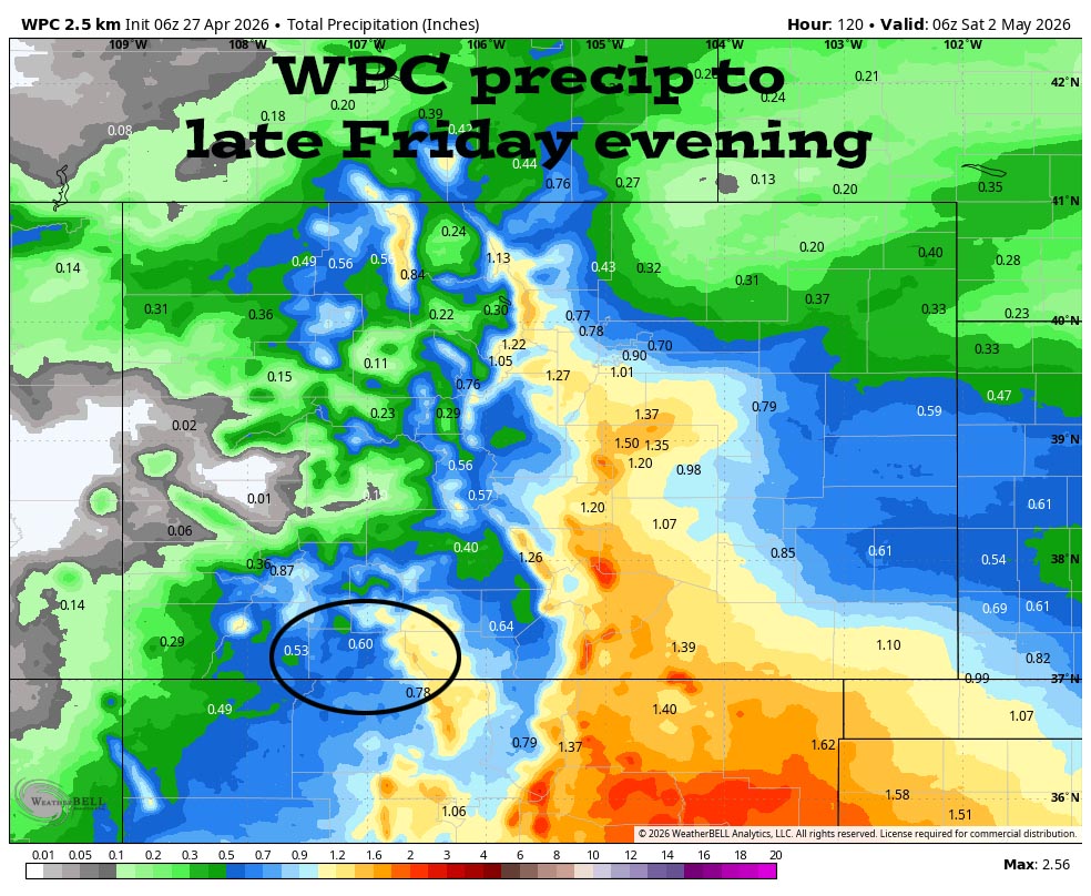 More valley rain and mountain snow Thursday and Friday… 3 WPC rain to late Friday evening shows 0.60” near Pagosa and up 1.20” in the Wolf Creek Pass area.