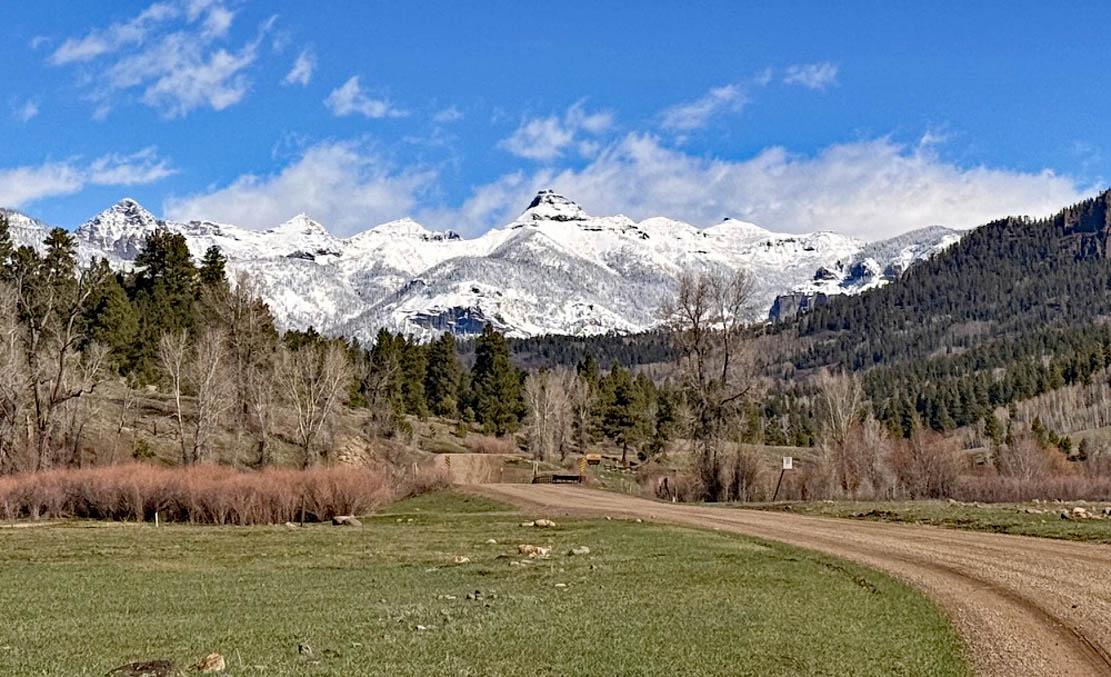Love this view of snow-covered Cimarrona Peak from the Williams Creek bridge – pic taken 4/3/2026