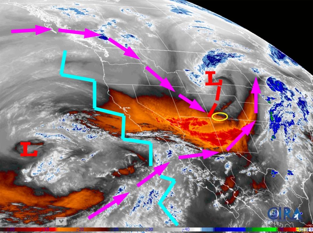 Mostly dry through the weekend – Scattered showers Monday and Tuesday… 2 Water vapor satellite Friday afternoon – Purple arrows indicate upper-level flow. The tail-end of a trough is moving through the area but its only impact to us is gusty winds. The ridge along the west coast will keep us dry through the weekend.