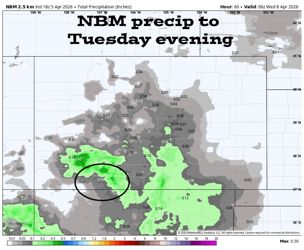 Spotty showers Monday and Tuesday afternoons… 2 NBM precip to Tuesday evening shows 0.09” near Pagosa Springs and up to 0.30” in our mountains. *** Most of this will fall Tuesday afternoon into Tuesday evening. ***