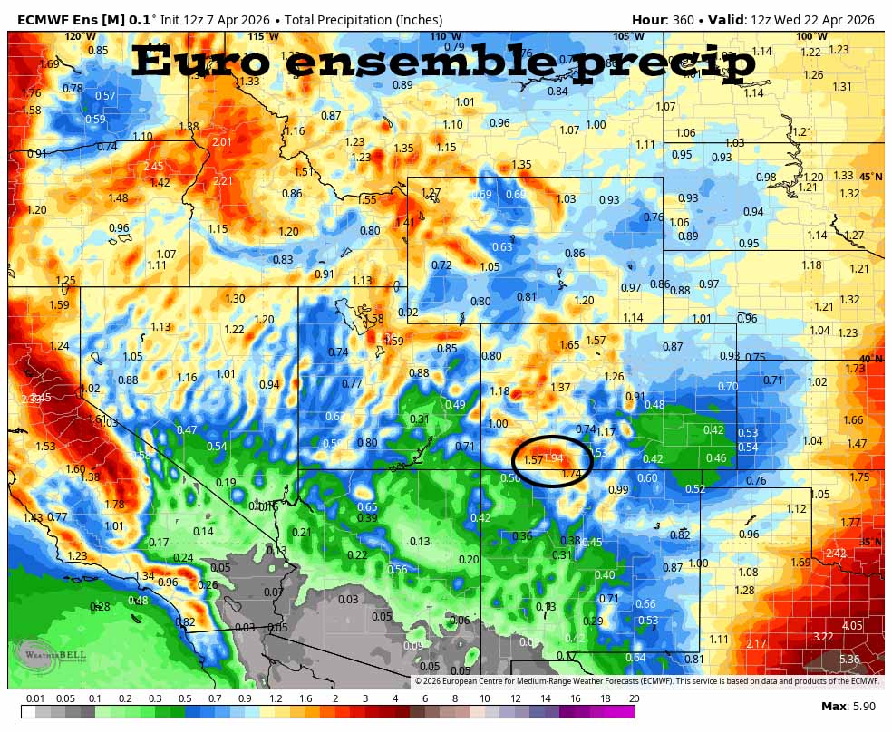 Euro ensemble precip to 20 Apr shows 1.94” in the Pagosa area. Precip amounts are trending up.